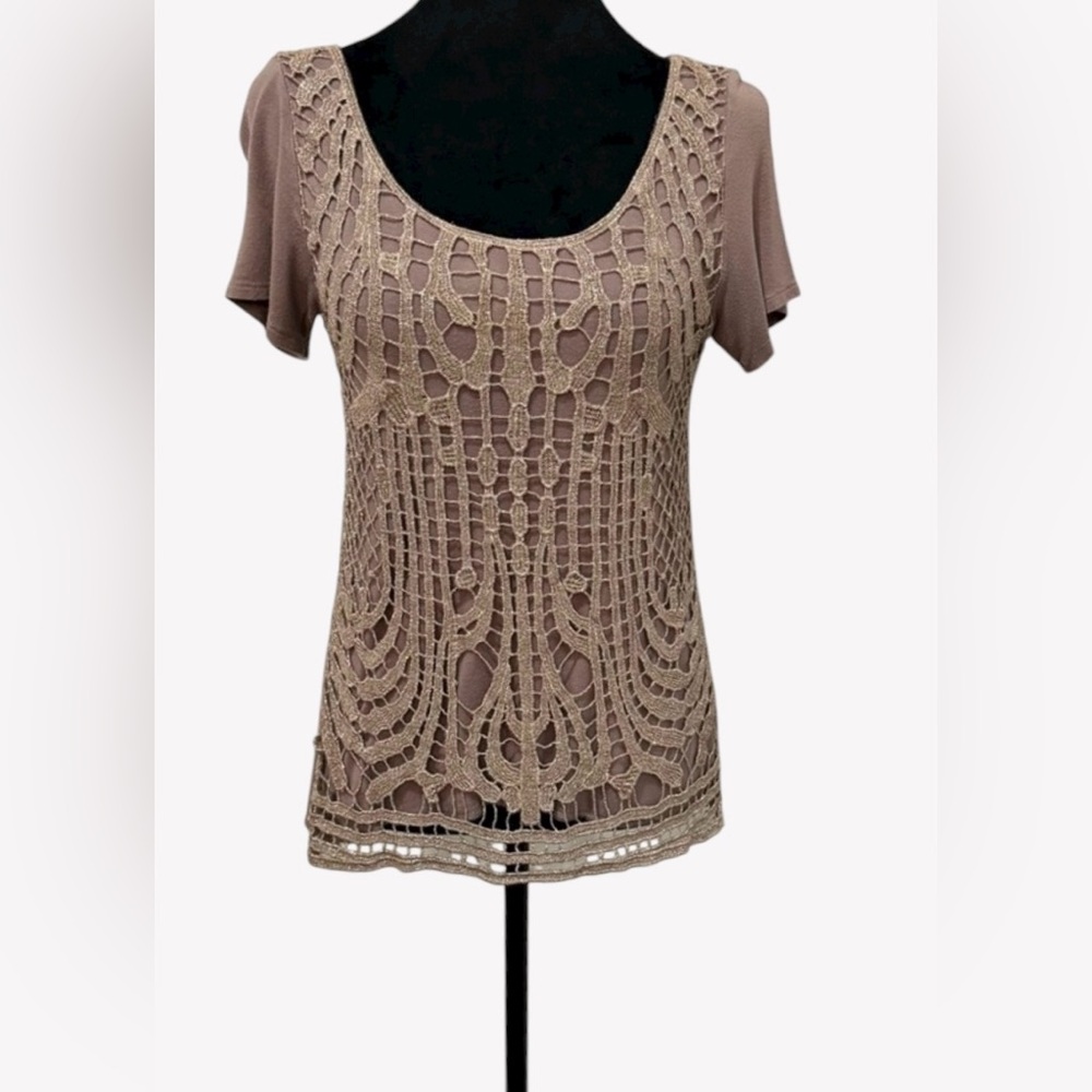 Daytrip Beige Lace Short Sleeve Chic Casual top Size S, Made in USA